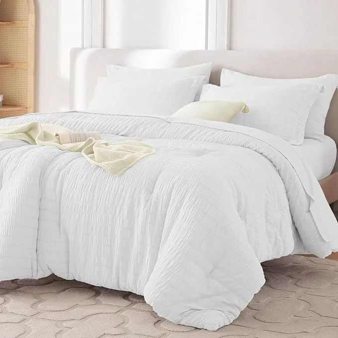 Practical MUXHOMO 5 Pieces Twin Comforter Set Seersucker Bed in a Bag Twin Size All Season Luxury Bedding Set with Comforter Flat Sheet Fitted Sheet Pillowcase amp Sham White Powerful