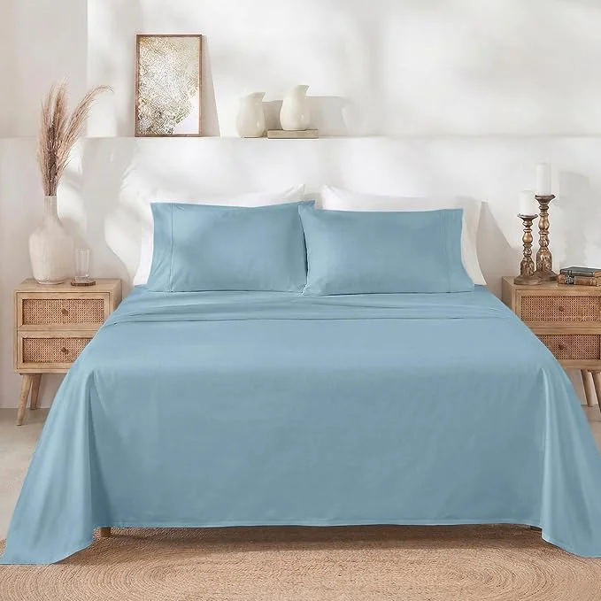 Breathable California Design Den Twin XL Sheet Sets – Soft 400 Thread Count Sateen Natural Cotton Sheets Set with Deep Pockets and Durable Bedding – Sky Blue Recyclable