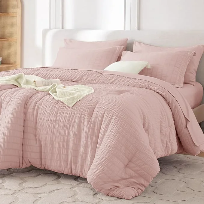 Authentic MUXHOMO 5 Pieces Twin Comforter Set Seersucker Bed in a Bag Twin Size All Season Luxury Bedding Set with Comforter Flat Sheet Fitted Sheet Pillowcase amp Sham Rose Gold Traditional