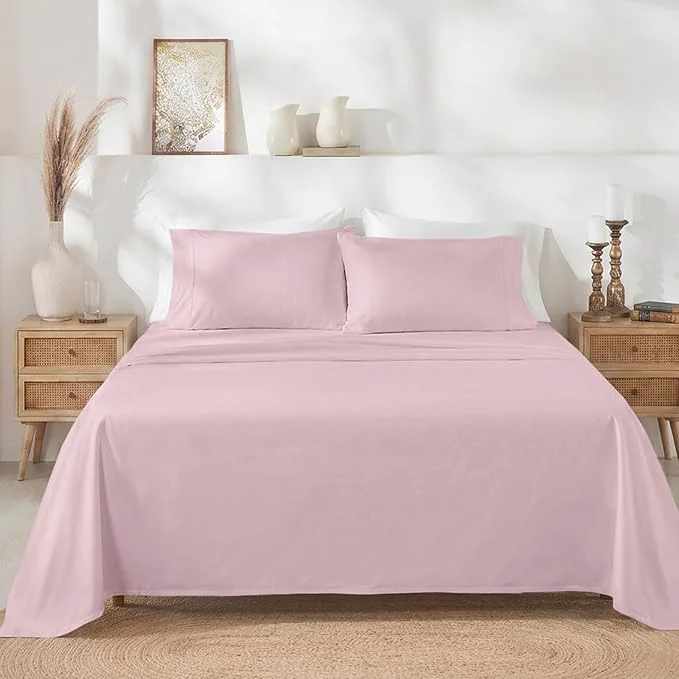 Clean California Design Den King Size Sheets Set – 400 Thread Count Sateen Natural Cotton Sheets with Deep Pockets Breathable and Durable Bedding Set – Pink Eco-Friendly