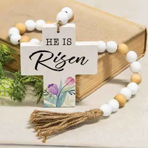 Long-Lasting He Is Risen Wooden Bead Garland With Cross Certified