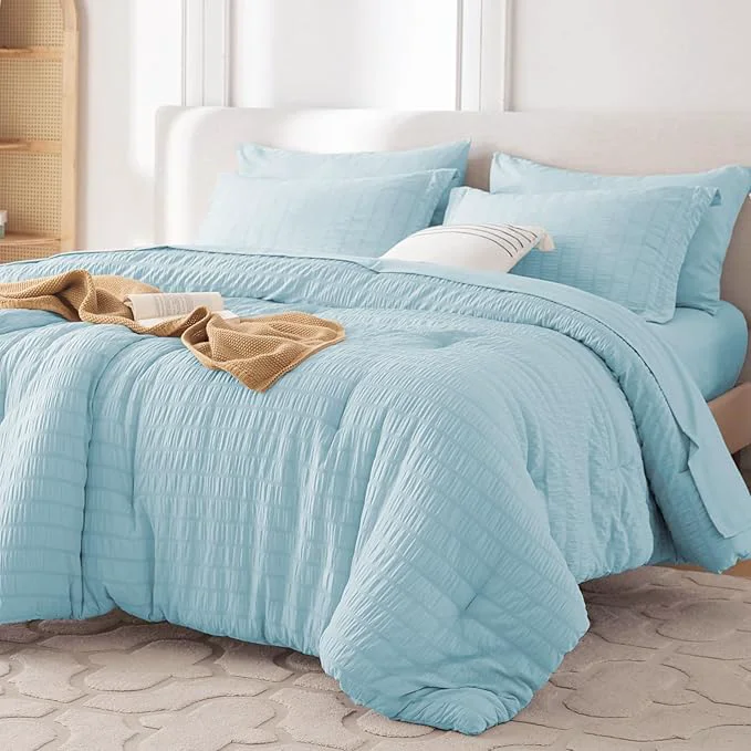Verified MUXHOMO 7 Pieces Queen Comforter Set Seersucker Bed in a Bag Queen Size All Season Luxury Bedding Set with Comforter Flat Sheet Fitted Sheet Pillowcases amp Shams Lake Blue Reliable