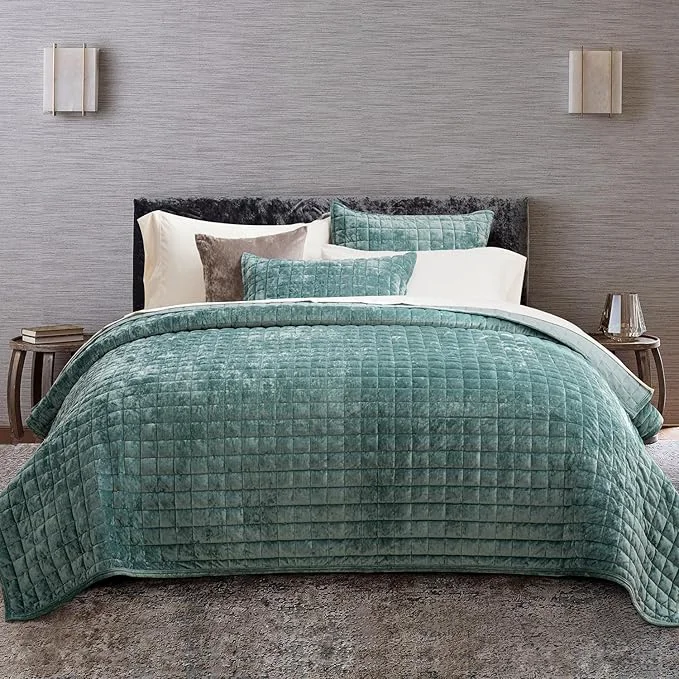 Fast RECYCO Luxury Velvet Quilt Set Twin Twin XL Size Lightweight Velvet Comforter Set Oversized Bedspread Coverlet Quilted Bedding Set with 1 Matching Pillow Sham for All Season Aqua Green Superior