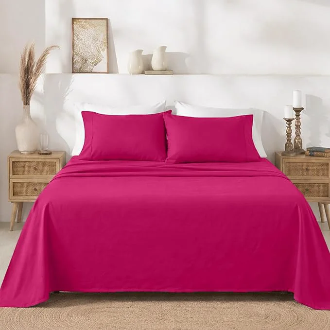 Fast California Design Den Natural Cotton Sheets Full Size Bed – 400 Thread Count Sateen Deep Pockets with All Around Elastic Soft Durable Bedding – Hot Pink Quality