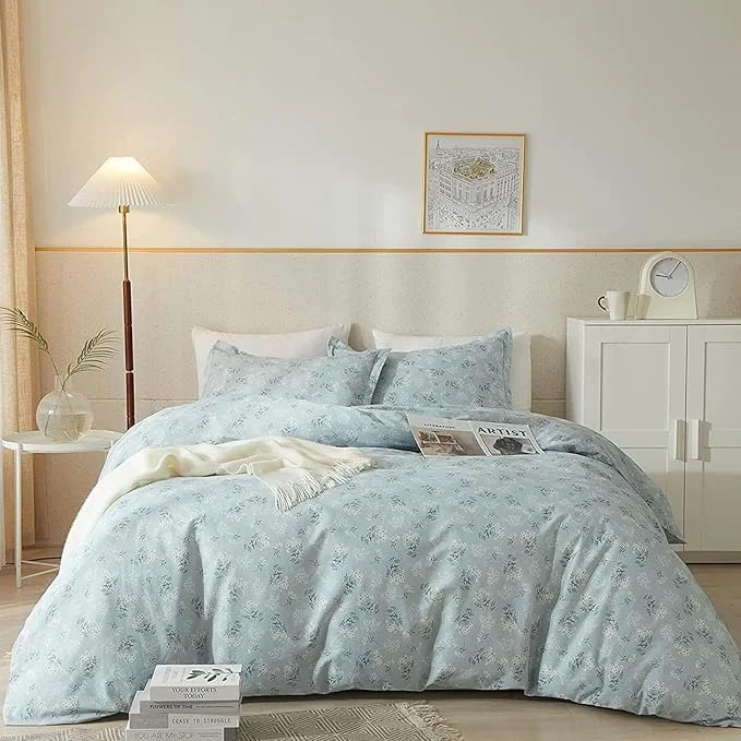 Premium VM VOUGEMARKET Floral Comforter Set Queen Blue Comforter Set Garden Style Bedding Set Aesthetic Flower Botanical Comforter Set Soft All Seasons Boho Floral Comforter Set Queen Size Fashionable
