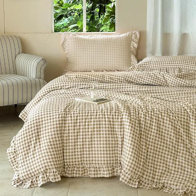 Exceptional NSNLGSGC Tan Ruffle Gingham Comforter Set Queen Pre-Washed Ruffled Taupe Plaid Checked Comforter Bedding 3 Pieces Vintage Farmhouse Grid Bedding Set Tan Gingham Queen Excellent
