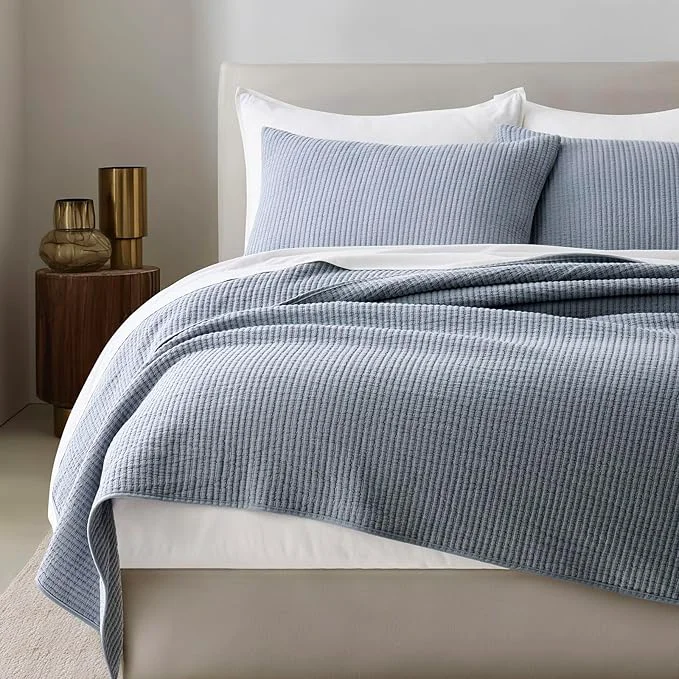 Official EVERGRACEHOME Cotton Coverlet Set King Size 3 Pieces Lightweight Soft Ribbed Matelassé Bedspread Quilt Set Cozy Oversized Quilted Bedding Set with 2 Pillow Shams for All Seasons Blue Linen Recyclable