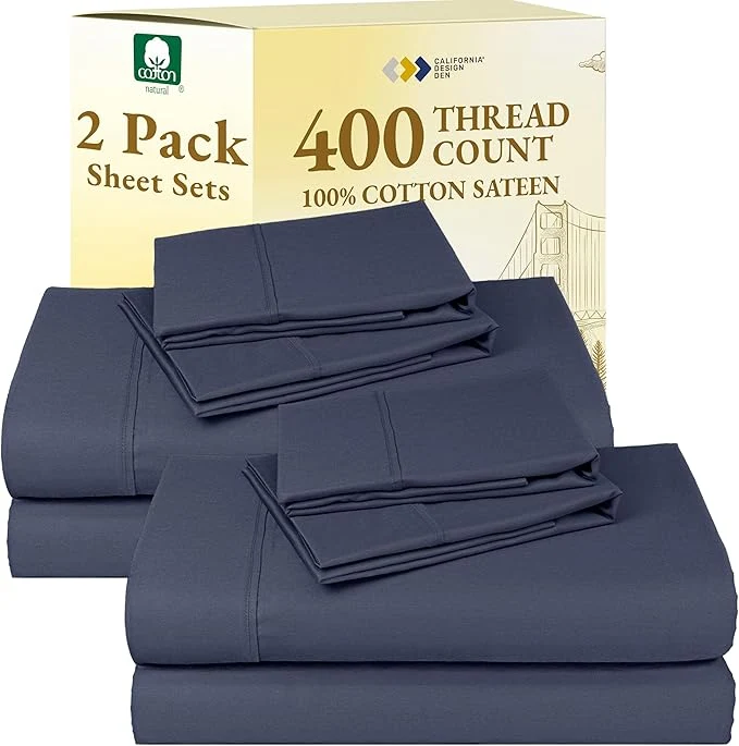 Solid California Design Den 2-Pack Sheets Full Size Bed – 400 Thread Count Cotton Sateen – Soft and Breathable Sheets 2 Sets of Deep Pocket Bed Sheets – Indigo Dusty Blue Unique