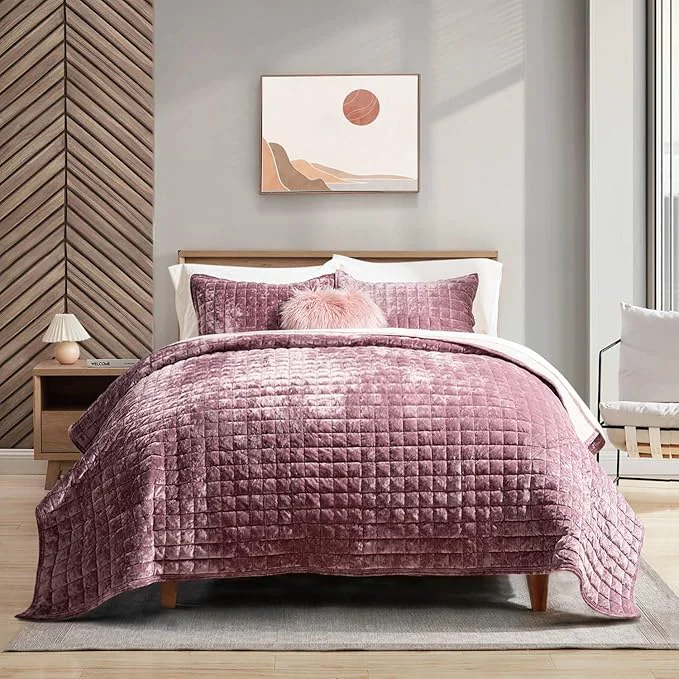 Specialty RECYCO Luxury Velvet Quilt Set Full Queen Size Lightweight Velvet Comforter Set Oversized Bedspread Coverlet Quilted Bedding Set with 2 Matching Pillow Shams for All Season Dusty Mauve Pink Dependable