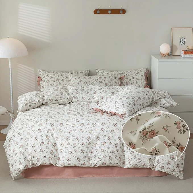 Responsible VM VOUGEMARKET King Comforter Set Pink Flower Bedding Set Natural Botanical Style 1 Floral Comforter and 2 Pillowcases with Bowknot for Girls Women 3pcs King Genuine