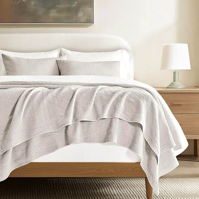 Luxury EVERGRACEHOME Cotton Coverlet Set King Size 3 Pieces Lightweight Soft Ribbed Matelassé Bedspread Quilt Set Cozy Oversized Quilted Bedding Set with 2 Pillow Shams for All Seasons Birch Elite