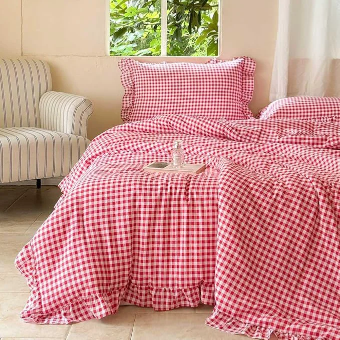 First-Class NSNLGSGC Red Ruffle Gingham Comforter Set Twin Pre-Washed Ruffled Plaid Checked Comforter Bedding 2 Pieces Vintage Farmhouse Grid Bedding Set Red Gingham Twin Pure