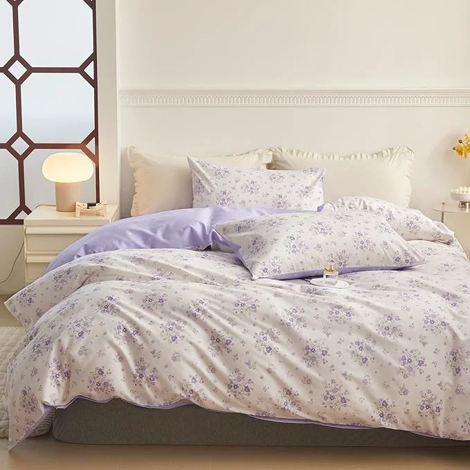 Classic VM VOUGEMARKET Garden Flower Comforter Set Queen White Purple Bedding Set Soft Fluffy Floral Comforter Set for All Season 1 Comforter 2 Pillowcases Reusable