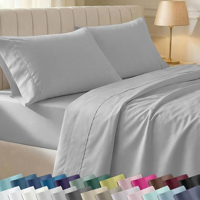 Green California Design Den Natural Cotton Sheets Full Size Sheets Set 400 Thread Count Sateen Bedding Deep Pockets with All-Around Elastic for a Snug Fit Durable Bed Set – Light Grey Classic