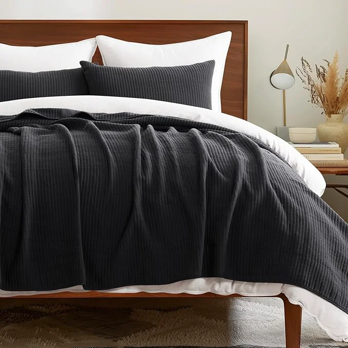 Quality EVERGRACEHOME Cotton Coverlet Set Full Queen Size 3 Pieces Lightweight Soft Ribbed Matelassé Bedspread Quilt Set Cozy Oversized Quilted Bedding Set with 2 Pillow Shams for All Seasons Washed Black Fine Crafted