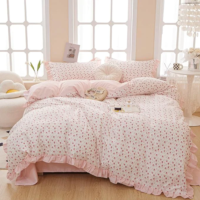 Original VM VOUGEMARKET 3 Pieces Ruffled Comforter Set with Pink Flower Pattern 1 Pink Striped Lace Comforter with 2 Pillow Shams for Teen Girls-68 x90 Twin XL Recyclable