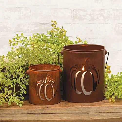 Soft Set of Two Rusty Metal Pumpkin Cutout Buckets Clean