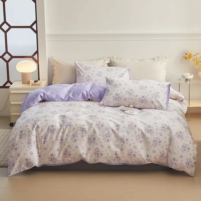 Relaxed VM VOUGEMARKET Purple Floral Comforter Set Twin Size Vintage Lavender Flower Comforter with 2 Pillowcases Down Comforter Set 3Pcs Twin XL Proven