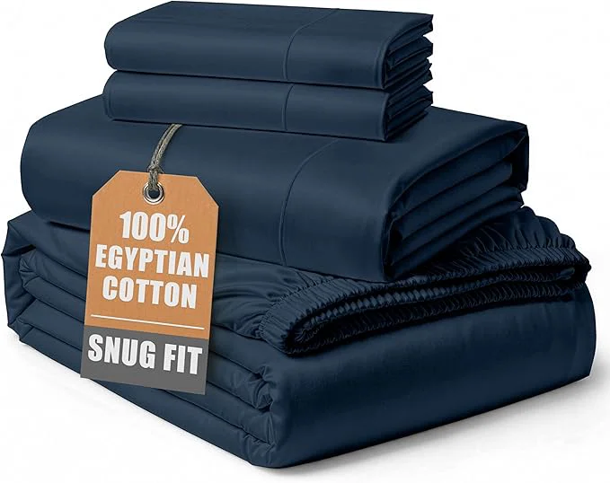 Easy-to-Use LANE LINEN Egyptian Cotton Full Size Sheets Soft amp Comfy Sateen Weave No Pill Mercerized Cotton Cooling Sheets Full Size Fully Elasticized Reinforced Seam Full Bedding Set – Dark Denim Artisan