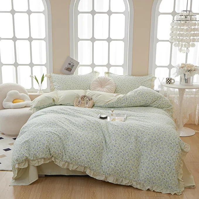 Traditional VM VOUGEMARKET Green Ruffle Comforter Set Queen Girls Blue Flower Comforter with 2 Lace Pillow Shams Romantic Cottagecore Bedding Set for All Seasons 3pcs Queen Fine Crafted