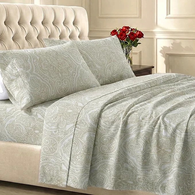 Genuine California Design Den Printed Twin XL Sheet Sets – 400 Thread Count Sateen Natural Cotton Sheets Deep Pockets and Durable Bedding Set – Paisley Pattern Beige Exceptional