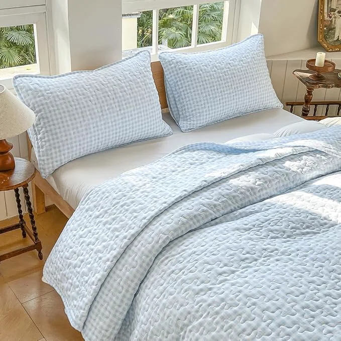 Professional NSNLGSGC Light Blue Gingham Queen Quilt Set Soft Pre-Washed Microfiber Blue Plaid Queen Bedspread Lightweight Checked Summer Quilt Grid Bedding Coverlets for All Seasons Reliable
