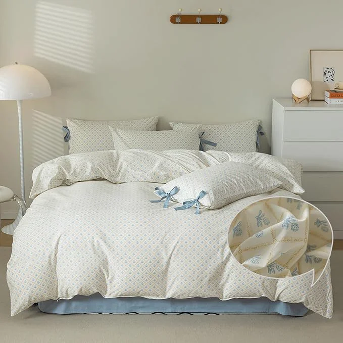 User-Friendly VM VOUGEMARKET White Blue Comforter Set Queen with Flower Plaid Prints 3 Pieces Cottagecore Bedding Set Aesthetic 1 Comforter with 2 Bowknot Pillowcases for Girls Women 90×90 Inch Pure
