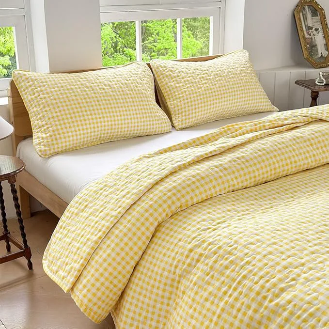 Artisan Yellow Gingham Twin Quilt Set Soft Pre-washed Microfiber Yellow Plaid Twin Bedspread Lightweight Checked Summer Quilt Grid Bedding Coverlets for All Seasons Includes 1 Quilt 1 Pillow Sham Efficient