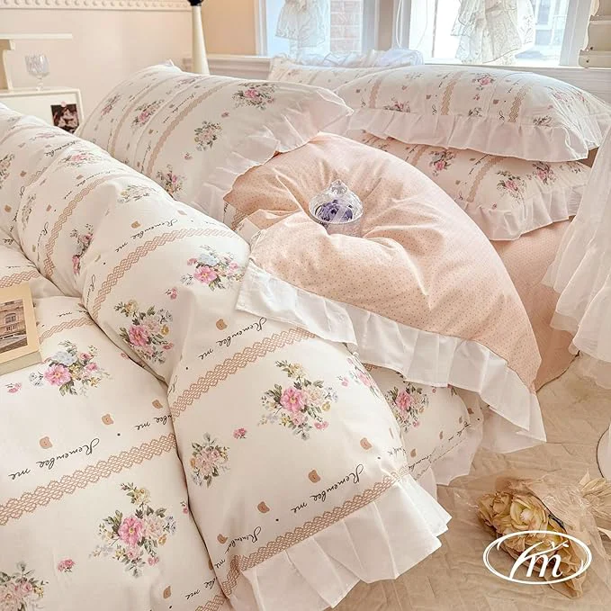 Effective VM VOUGEMARKET Full Comforter Set Elegant Pink Flower Printed Romantic Ruffle Comforter with 2 Pillow Shams Reversible White Lace Bedding Comforter Set for Teen Girls 3pcs Full Original Design