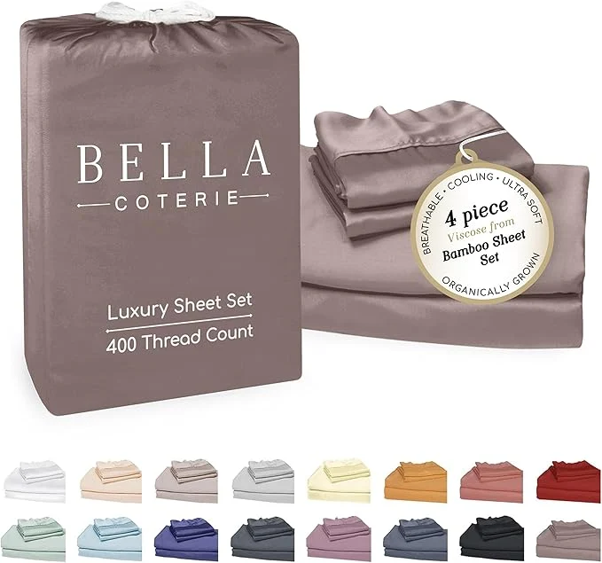 Functional Bella Coterie Luxury Bamboo Viscose Queen Size Sheet Set Organically Grown Ultra Soft Cooling for Hot Sleepers 18 quot Deep Pocket Mocha Premium