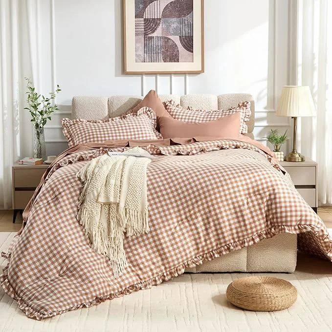 Trendy BDEUS 7 Pieces Gingham Ruffle Comforter Set Cal King Size Brown Grid Tartan Bedding Set Soft Breathable Fabric Comforter with Flat Sheet Fitted Sheet 2 Pillowcases amp 2 Shams 104 quot X96 quot Prestigious