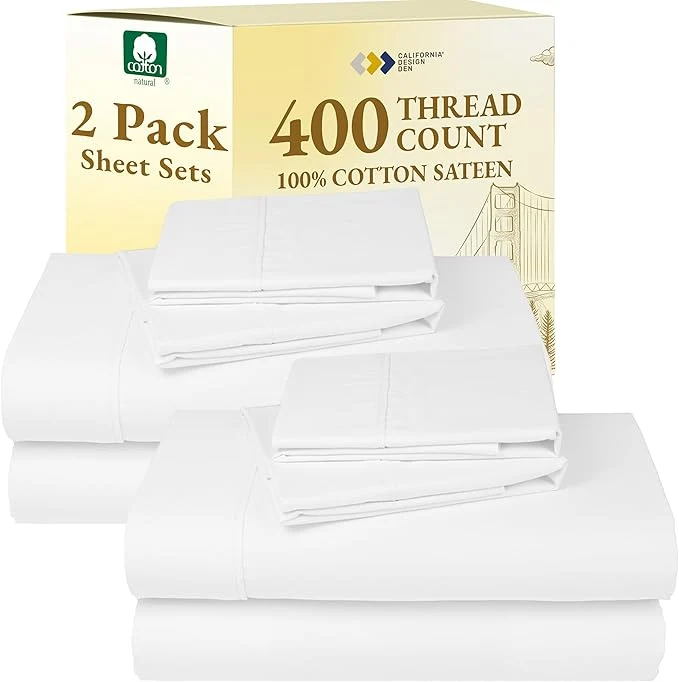 Top-Quality California Design Den 2-Pack Cotton King Size Sheets Set 400 Thread Count Sateen – Soft and Breathable Sheets 2 Sets of Deep Pocket Bed Sheets – Antique White Crafted