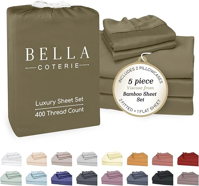 Quality Bella Coterie Luxury Bamboo Viscose Split King Size Sheet Set 2 Fitted Sheets for Sleep Number amp Adjustable Beds Organically Grown Cooling amp Ultra Soft 18 Deep Pocket Olive Detailed