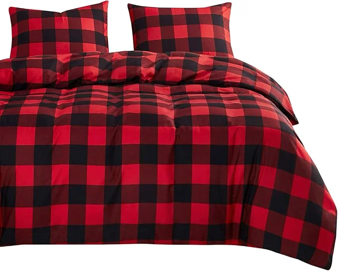 Wake In Cloud – Gingham Comforter Set Plaid Buffalo Check Checkered Cottagecore Cute Geometric Soft Lightweight Bedding 3 Pieces Red Black King Size Stylish
