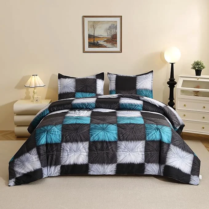 Green Caressma Black and White Checkered Comforter Bedding Set 3 Pieces Full Size Blue White Plaid Comforter Set Fluffy Black Grid Home Decor for All Seasons Reliable