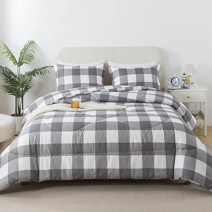 High-Performance Caressma White Gray Plaid Comforter Set King Farmhouse Grid Plaid Comforter Bedding Set for All Seasons Classic Gingham Pattern Print Soft Microfiber 3 Pieces Comforter with Pillowshmas Optimized