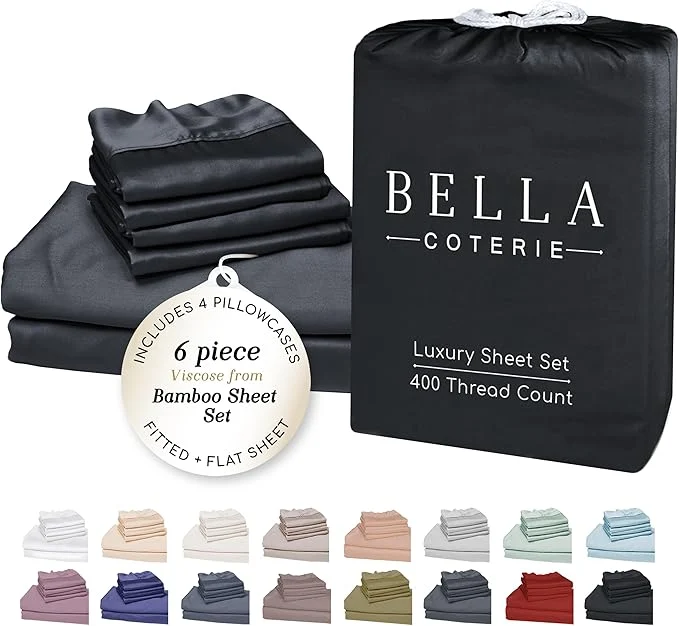 Practical Bella Coterie 6 Piece Luxury Bamboo Viscose Queen Size Sheet Set Organically Grown Cooling for Hot Sleepers 18 quot Deep Pocket Soft amp Hypoallergenic 4 Pillowcases Black Easy-to-Use