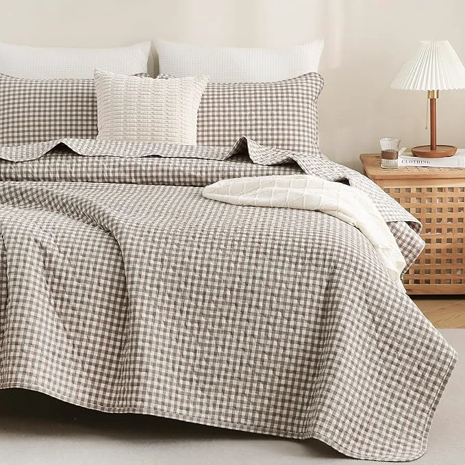 Recyclable TOCOMOA Tan Gingham Quilt Bedding Set Washed Cotton Bedspread Coverlet Like Linen Feel Soft Comfy Breathable 3 Piece Brown Plaid Checkered Lightweight Comforter Set for All Season Queen 96 quot x90 quot Enhanced