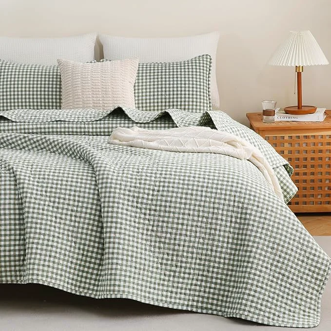 Powerful TOCOMOA Green Brown Gingham Quilt Bedding Set Washed Cotton Bedspread Coverlet Like Linen Feel Soft Comfy Breathable 3 Pcs Plaid Checkered Lightweight Comforter Set for All Season Queen 96 quot x90 quot Smart