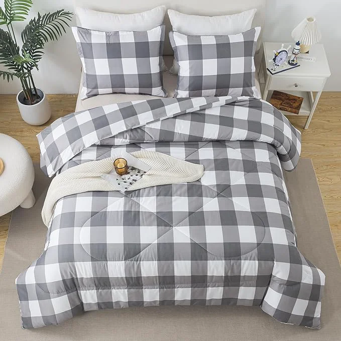 Natural Caressma Full Size Plaid Comforter Set White Gray Buffalo Check Plaid Comforter Bedding Set for All Seasons Classic Gingham Pattern Print Soft Microfiber 3 Pieces Comforter with Pillowshams Prestigious