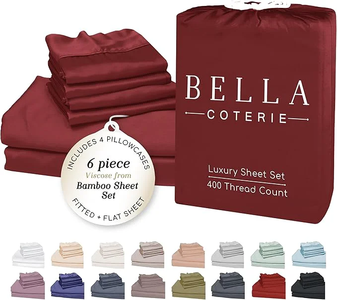 Minimalist Bella Coterie 6 Piece Luxury Bamboo Viscose Queen Size Sheet Set Organically Grown Cooling for Hot Sleepers 18 quot Deep Pocket Soft amp Hypoallergenic 4 Pillowcases Merlot Elite