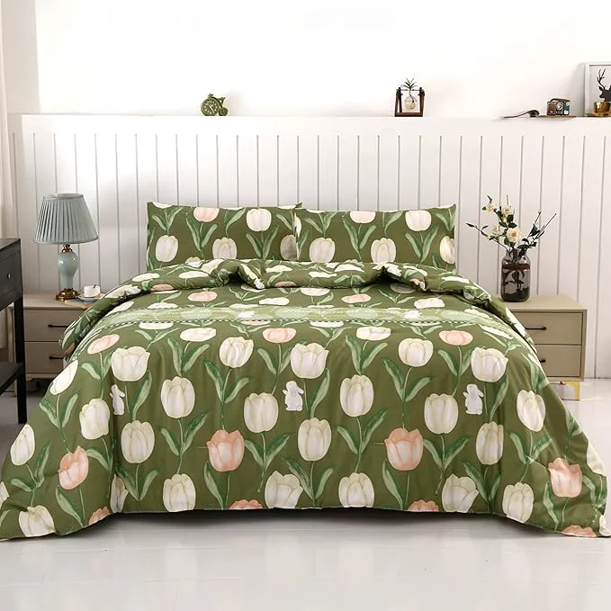 Eco-Friendly SDIII Rabbit and Green Floral Comforter Set Twin 3 Pieces Soft Microfiber Green Floral Comforter Twin Size Botanical Bedding Set All Season Detailed