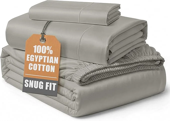 Eco-Friendly LANE LINEN Egyptian Cotton Twin Sheets Set Sustainably Produced Luxury Hotel Like Thick Twin Bed Sheets Naturally Temperature Regulating Machine Washable Cotton Sheets – Silver Versatile