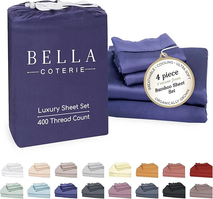 High-Performance Bella Coterie Luxury Bamboo Viscose Cal King Size Sheet Set Organically Grown Ultra Soft Cooling for Hot Sleepers 18 quot Deep Pocket Twilight Blue Detailed