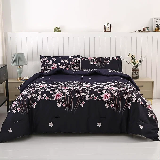 Innovative SDIII Navy Blue Floral Comforter Set Full 3 Pieces Soft Microfiber Lightweight Floral Bedding Full Flower Full Size Comforter Set for All Season Premium