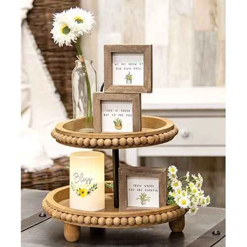 Organic Rustic Natural Wooden Beaded Two-Tiered Tray Convenient