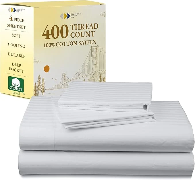 Organic California Design Den Striped Full Size Bed Sheets Set – Soft 400 Thread Count Sateen Natural Cotton Sheets Set with Deep Pockets Breathable and Durable Bedding – Striped White Sophisticated