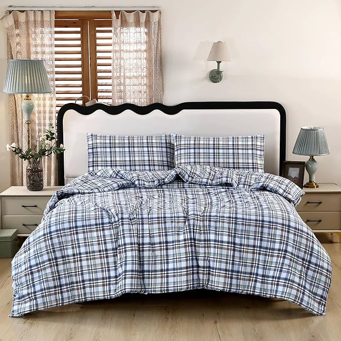 Secure SDIII 3PCS Blue Gingham Queen Comforter Set Washed Microfiber Lightweight Soft Blue Gingham Bedding Queen Farmhouse Shabby Chic Checkered User-Friendly