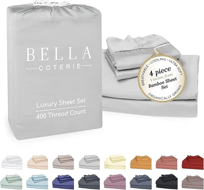Detailed Bella Coterie Luxury Bamboo Viscose Full Size Sheet Set Organically Grown Ultra Soft Cooling for Hot Sleepers 18 quot Deep Pocket Grey Mist Professional