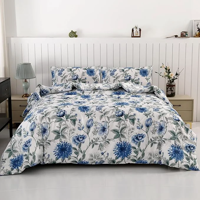 Versatile SDIII Blue Floral Comforter Set Full 3 Pieces Soft Microfiber Cornflower Blue Comforter Full Vintage Floral Bedding Set All Season Optimized